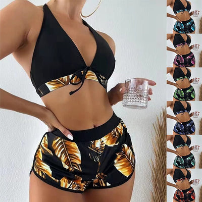 3pcs Leaf Print Bikini With Shorts Fashion Summer Beach Swimsuit Womens Clothing - Leeshansify